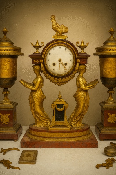 Pendule Empire dorée avec cassolettes, rachetée à Paris