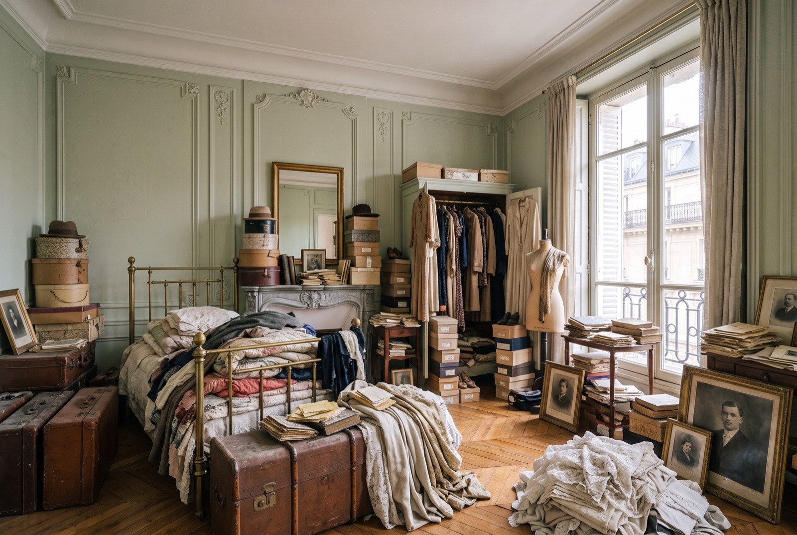 Avant notre intervention : chambre parisienne de succession encombré