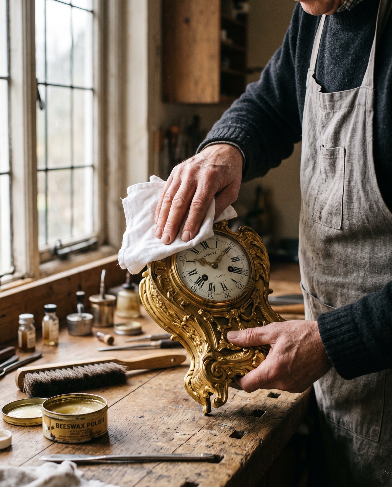 Les mains d'un brocanteur redonnent son éclat à une pendule ancienne