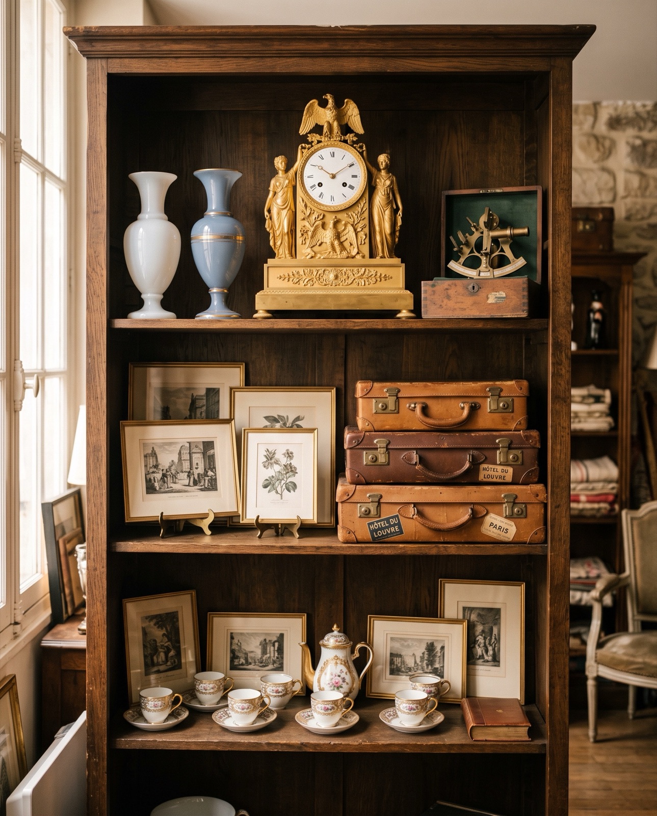 Vitrine de trouvailles préparées : pendule Empire, opalines, sextant et malles anciennes
