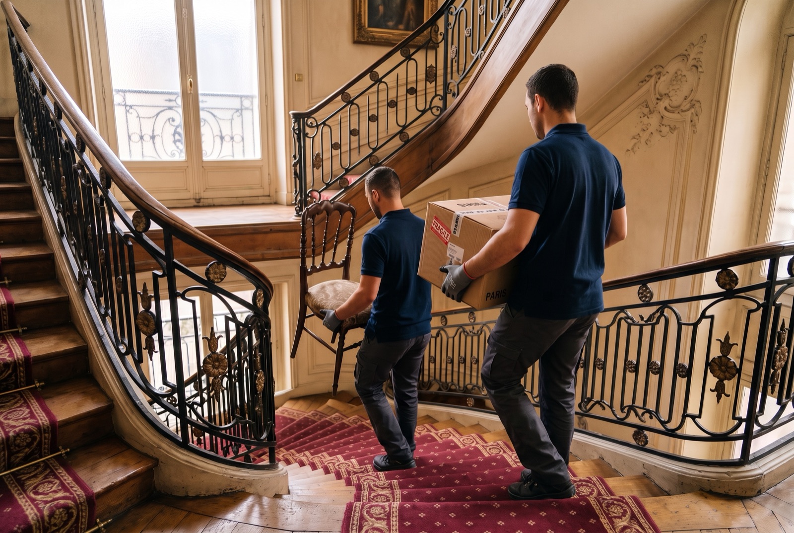 Notre équipe descend avec soin meubles et cartons dans un escalier parisien